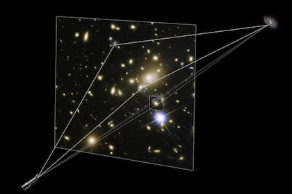 Efecto de las lentes gravitacionales fuertes observado por el Telescopio espacial Hubble en el cúmulo de galaxias Abell 1689 que indica la presencia de materia oscura