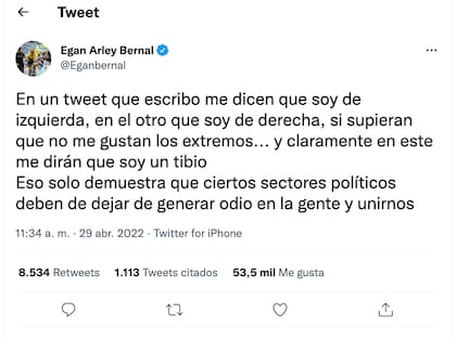 Egan Bernal hace tercer twit