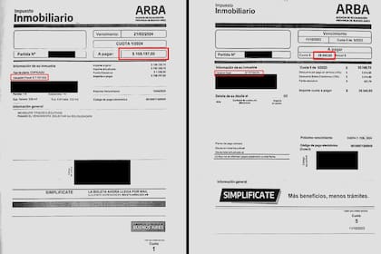 Ejemplo de dos facturas de ARBA con el impuesto inmobiliario, en octubre 2023 versus febrero 2024