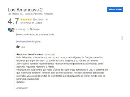 Ejemplo de reseña negativa a raíz de la estafa tanto al interesado como al hospedaje