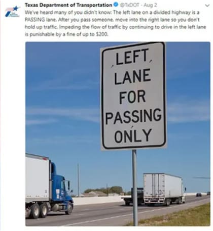 Ejemplo de señalamiento vial en Texas. Facebook / Texas Department of Transportation