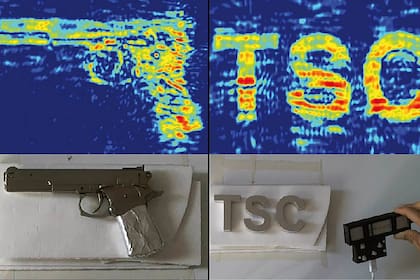 Ejemplos de pistola y letras ocultas escaneadas con el nuevo sistema, basado en teléfonos con radar incorporado o con tecnología 5G