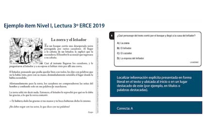 EJEMPLOS DEL ERCE 2019, pruebas de 3er grado en lectura en niveles de complejidad 1 (más fácil) y 4 (más complejo)