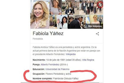 El 12 de noviembre pasado, en el panel de conocimiento, el nombre completo de la primera dama aparecía como "Fiambrola Chiruza Yáñez"; y, como ocupación, "florero, periodista y actriz"