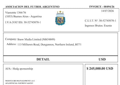 El 14 de julio de este año, en pleno Mundial, se emitió una factura por US$ 245.000 a favor de Moon Euro Management.