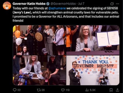 El 26 de septiembre de 2025 entra en vigor la "Ley Jerry" contra el maltrato animal en Arizona. X / Governor Katie Hobbs