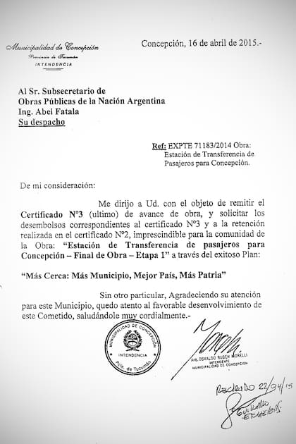 El acta con la firma de Morelli (padre) en la que avala los informes de avances de la obra