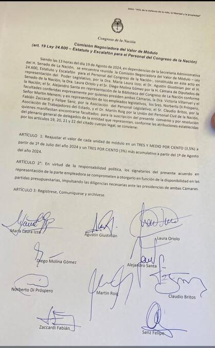 El acta de la paritaria que le otorgó al personal legislativo un aumento de 6,6%; firmaron Villarruel y Menem, por el Senado y Diputados, respectivamente