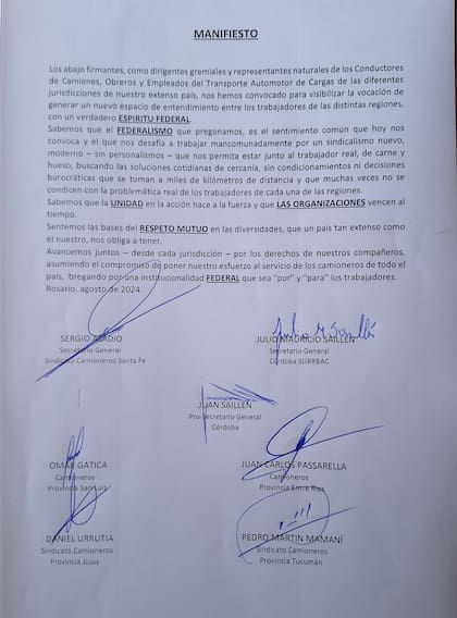 El acta de los opositores a Moyano que reclaman "más federalismo" en el gremio de los camioneros
