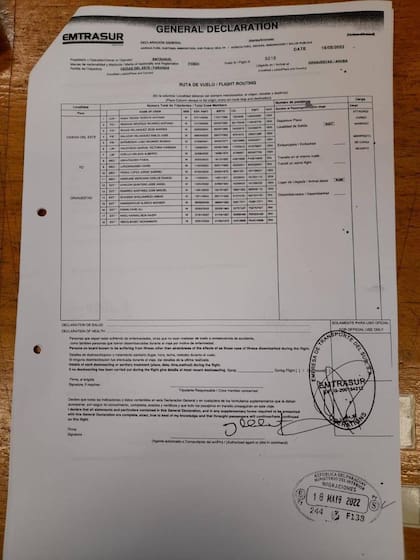 El acta de Migraciones con el detalle de los pasajeros del B747