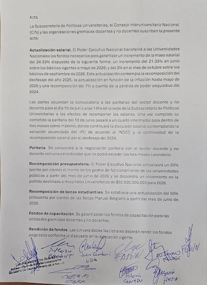 El acta del acuerdo entre el Gobierno y las universidades