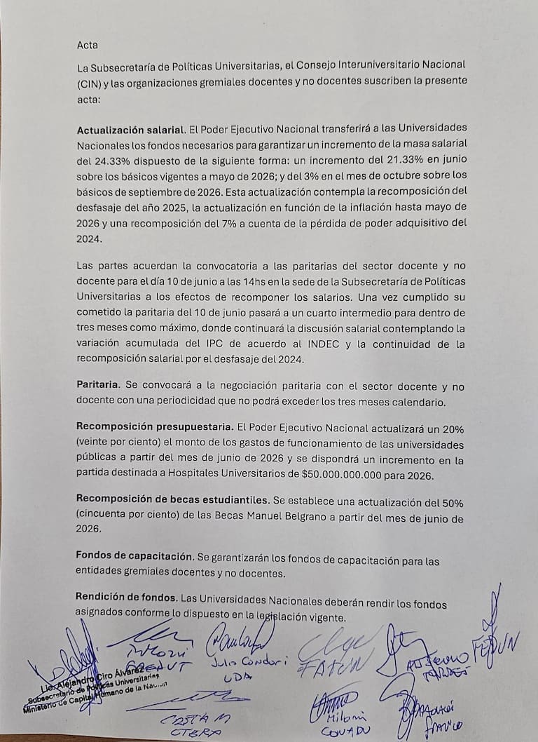 El acta del acuerdo entre el Gobierno y las universidades