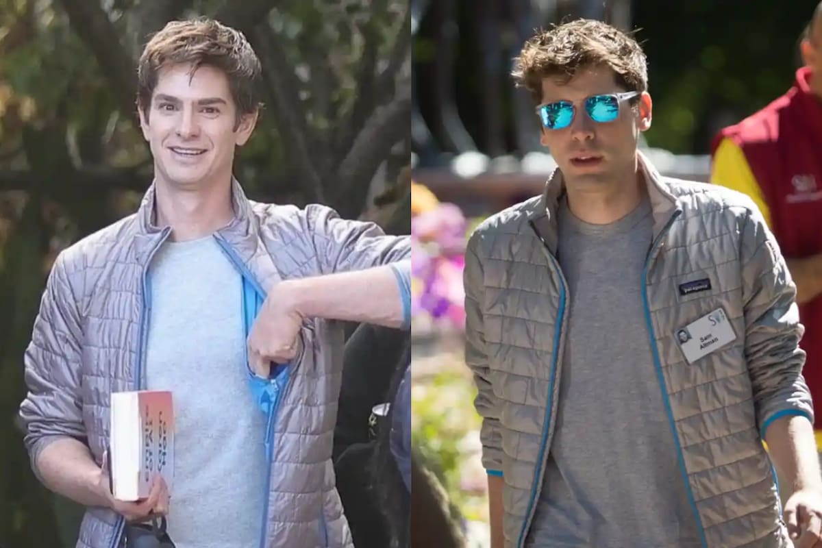El actor Andrew Garfield en el set de "Artificial" caracterizado como Sam Altman, el fundador y CEO de OpenAI, la compañía detrás de ChatGPT