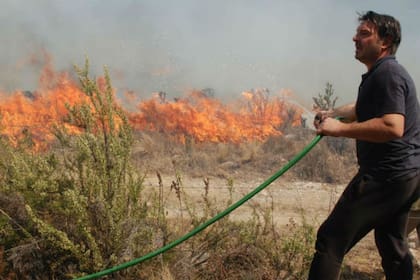 El actor, en la tarde del martes, intentando apagar el fuego para que no se acerque a su complejo de cabañas