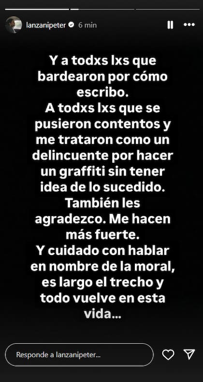 El actor respondió a las críticas que recibido tras ser detenido (Captura: Instagram @lanzanipeter)