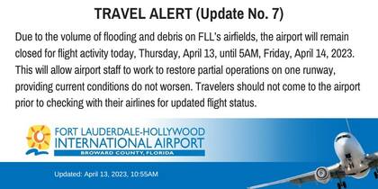 El Aeropuerto Internacional de Fort Lauderdale permanecerá cerrado al menos hasta las cinco de la mañana de este viernes