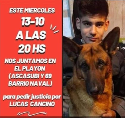 El afiche armado por los compañeros de Lucas Cancino en el 6° año en el Instituto Pacelli, de Quilmes, para exigir justicia