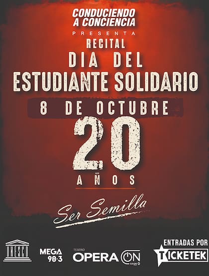 El afiche del recital por los veinte años de la tragedia de ECOS, que se realizará este 8 de octubre en el Teatro Ópera bajo el lema “Ser semilla”