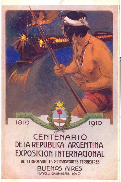 El afiche oficial de la Exposición que daba cuenta del progreso argentino: un indio sorprendido por la humeante formación de un tren.