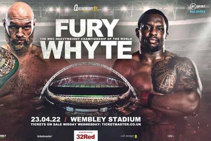 El afiche que promociona la pelea entre Tyson Fury y el británico Dillian Whyte, programada para el 23 del mes próximo en el estadio de Wembley y con 90.000 espectadores
