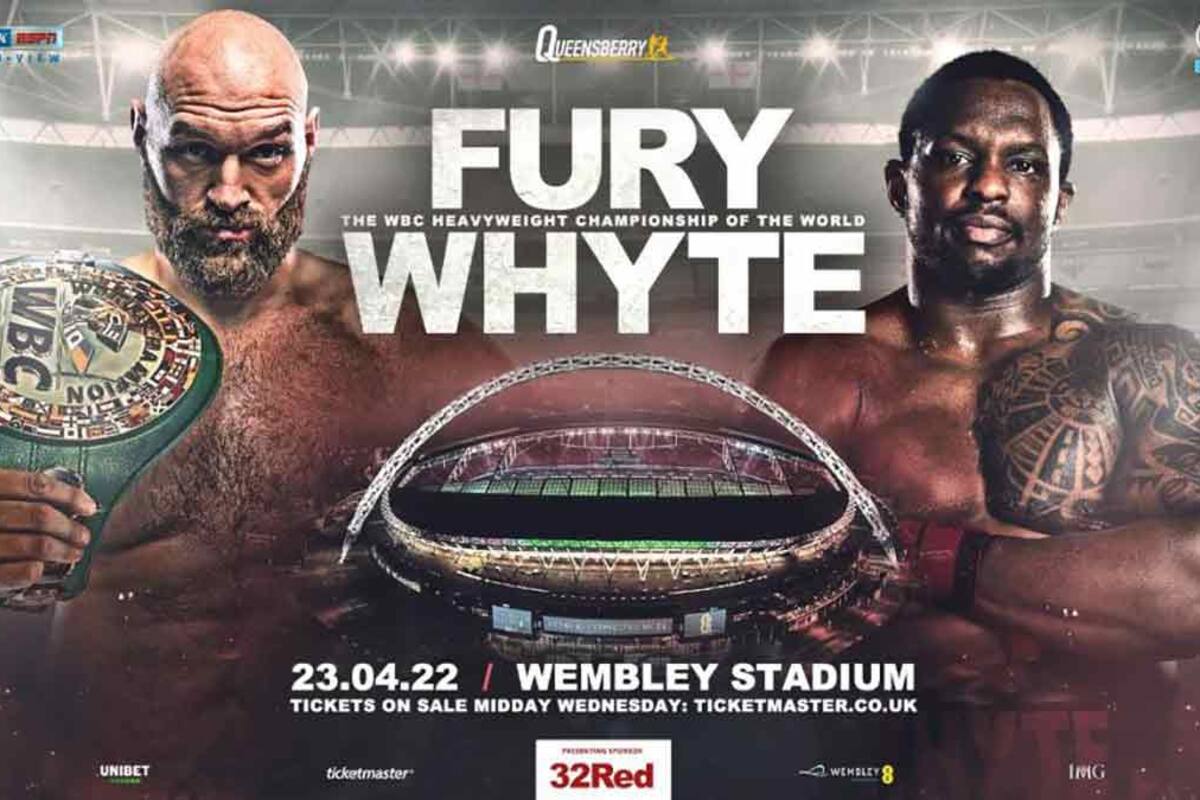 El afiche que promociona la pelea entre Tyson Fury y el británico Dillian Whyte, programada para el 23 del mes próximo en el estadio de Wembley y con 90.000 espectadores
