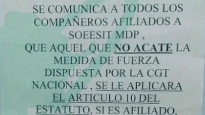 El afiche sindical que amenaza a los trabajadores que no adhieran