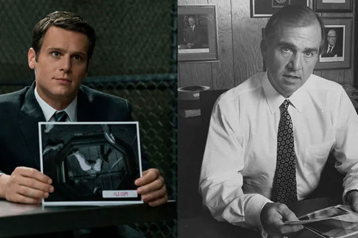 El agente Holden Ford (der.), el personaje basado en John E. Douglas (izq.), el primer mindhunter