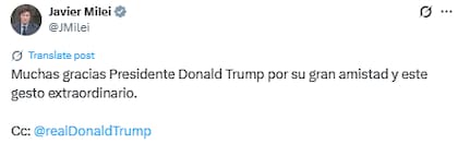 El agradecimiento de Javier Milei a Donald Trump luego de su encuentro en Nueva York (Fuente: X @JMilei)
