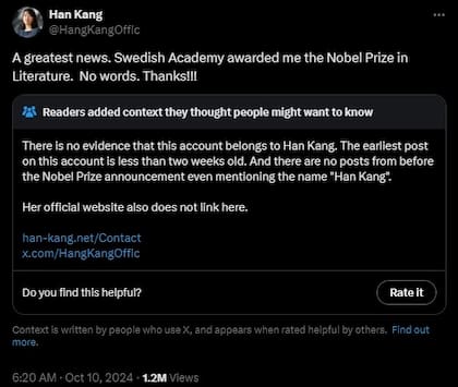 El agradecimiento desde la falsa cuenta de Hang Kang en X, con la advertencia de los responsables de la red social