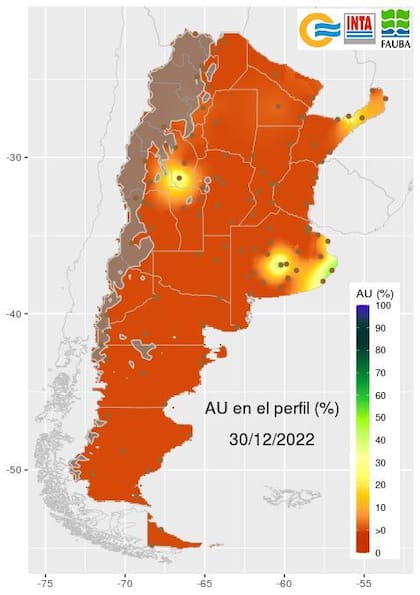 El agua útil (AU) en el perfil del suelo al 30 de diciembre último. Se trata de la lámina de agua aprovechable por los cultivos hasta un metro de profundidad