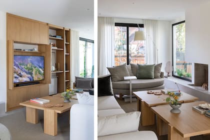 El aire acondicionado, la TV y el radiador (Barrier Clima) se agruparon en la biblioteca de roble reconstituido. Junto a la ventana, sillón (todo de Urbano Estudio) y lámpara ‘Tolomeo Mega’ (Iluminación Agüero).