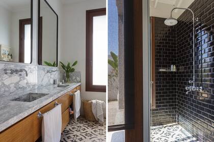 El aire vintage de los pisos calcáreos (Cía. Argentina de Pisos) se compensó con los azulejos ‘Subway’ negros (Barugel). Mueble (Claudio Manna). Mesada (CMC Mármoles). Sanitarios (Ferrum). Grifería (Robinet).