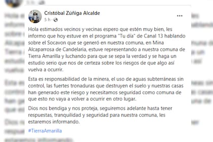 El alcalde apuntó contra la actividad minera (Foto Facebook Cristóbal Zúñiga Alcalde)