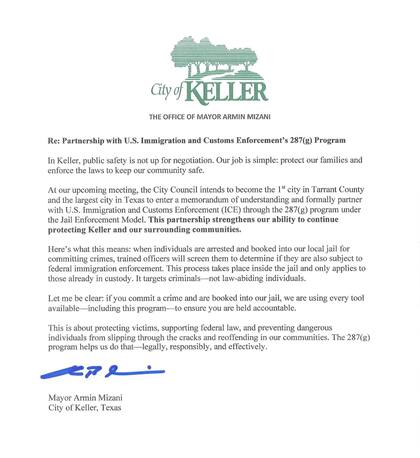 El alcalde de Keller publicó este jueves un comunicado donde manifestó su interés en unirse al programa 287(g) del ICE