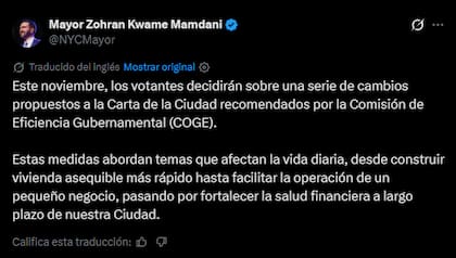 El alcalde Zohran Mamdani impulsó en sus redes sociales las propuestas de enmienda a la Carta de la Ciudad