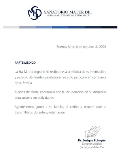 El alta médica anunciada por el Sanatorio Mater Dei