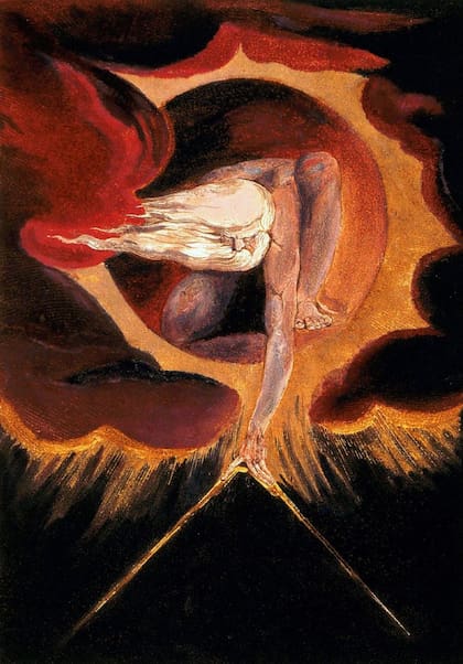 "El anciano de los días", de William Blake, con Urizen (la encarnación de la sabiduría convencional y la ley en su universo mitológico) sosteniendo un compás, para él, símbolo de la razón, limitante de la imaginación
