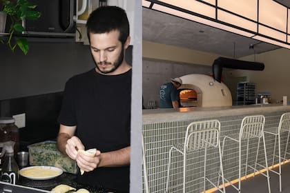 El antes, Santiago en la cocina de su casa, y el después en su local