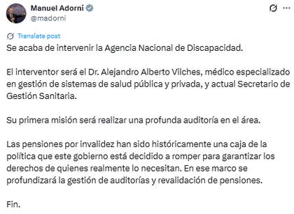 El anuncio de Adorni sobre la intervención en la Agencia Nacional de Discapacidad (X: @madorni)