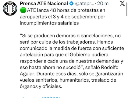 El anuncio de ATE en sus redes sociales