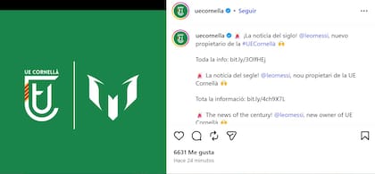 El anuncio de Cornellà cuando acordó con Lionel Messi, en el pasado abril: el vínculo generó, entre otros beneficios, lograr ser auspiciado por Adidas desde esta temporada.
