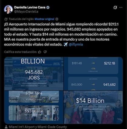 El anuncio de Daniella Levine Cava sobre el aeropuerto de Miami en la red social X