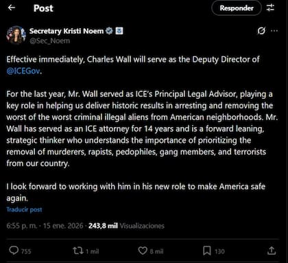 El anuncio de Kristi Noem sobre el nuevo subdirector del ICE