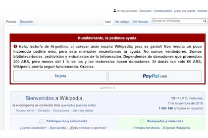 El anuncio de la nueva campaña de recaudación de fondos de Wikipedia; el 90% de su presupuesto proviene de donaciones de individuos. El promedio de cada aporte es de 15 dólares