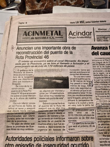 El anuncio de la reconstrucción del puente de la ruta 46 entre Bragado y Junín