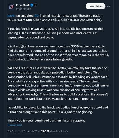 El anuncio de la venta de X a xAI que hizo Elon Musk