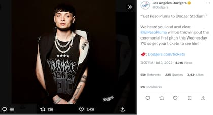 El anuncio de la visita de Peso Pluma al estadio de los Dodgers causó sensación en las redes