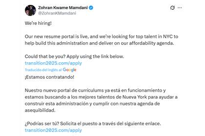El anuncio de Mamdani sobre la búsqueda de trabajadores en Nueva York