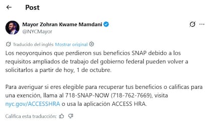 El anuncio de Mamdani sobre los beneficios de SNAP