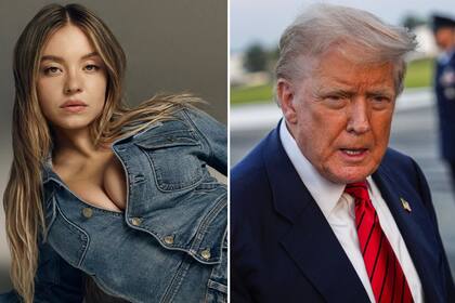 El anuncio de Sydney Sweeney y Donald Trump antes de abordar el Air Force One en el Aeropuerto Internacional de Lehigh Valley, el domingo 3 de agosto de 2025, en Allentown, Pensilvania